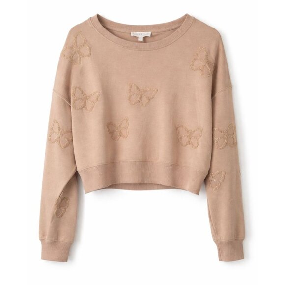 Olive & Oak Sweaters - Olive & Oak Nude Pinky Beige Rose Butterfly Embroidered Crop Sweatshirt M, NWT